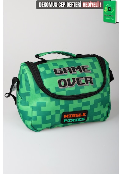 X Dekomus Lisanslı Creeper Piksel Desenli Termoslu Beslenme Çantası Açık Gri