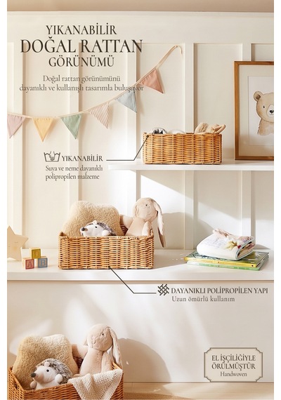 Ocean Home Textile 2'li Çocuk Odası Yıkanabilir Bej Pp Rattan Sepet Set 30 X 20 X 11 / 36 X 26 X 12 Cm