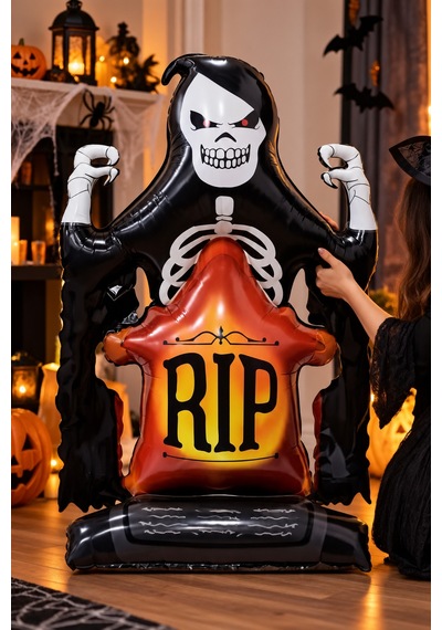 Halloween Rıp Mezar Taşı Azrail Folyo Balon 70x110 Cm Cadılar Bayramı Parti Ev Dekorasyon Süsü Diğer