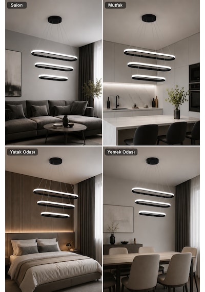 AvizeGO Elipso 3'lü Led Sarkıt Avize 3 Renk Kumandalı Siyah