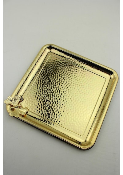 Metal Dövme Kare Tepsi Tek Kişilik Sunumluk Gold 22,5cm