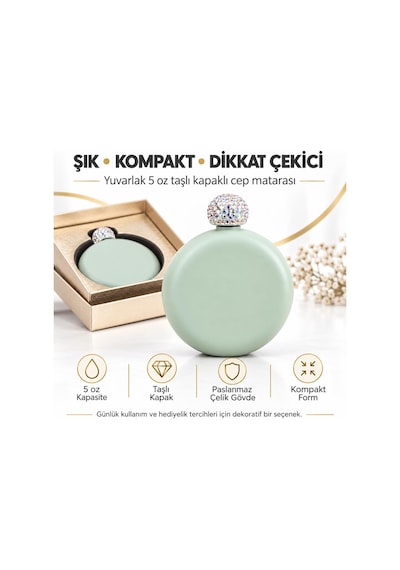 Lüks Taş İşlemeli Renkli Paslanmaz Çelik İçki Matarası 5 Oz 150 Ml. Cep Çanta Kamp Outdoor Hediyelik Yeşil