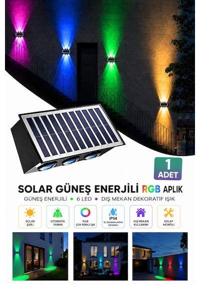 Güneş Enerjili Rgb Solar Aplik 6 Led, Renkli Işıklı Otomatik Yanan Dış Mekan Duvar Lambası, Bahçe Balkon Teras Aydınlatması 1 Adet
