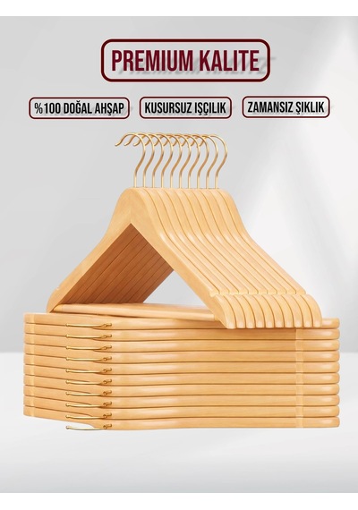 Naturel Ahşap Elbise Pantolon Askısı Gold Kanca 10 Adet