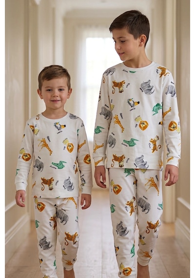 Zuzunga Erkek Çocuk %100 Pamuk Süprem Kumaş Uzun Kollu Mevsimlik Pijama Takımı BEYAZ