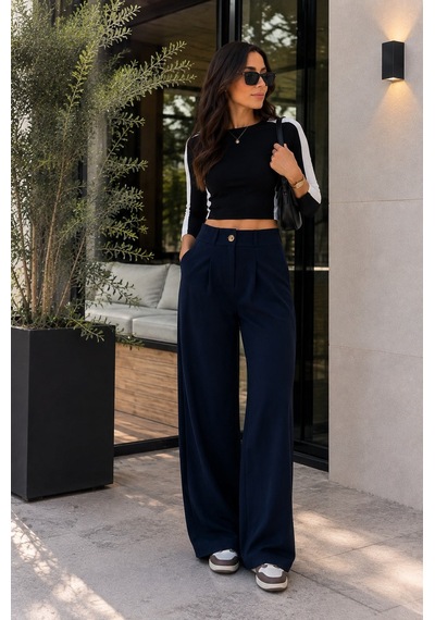Unika Boutique Kadın Yüksek Bel Pileli Düğme Detaylı Bol Kesim Likralı Palazzo Kumaş Pantolon Antrasit