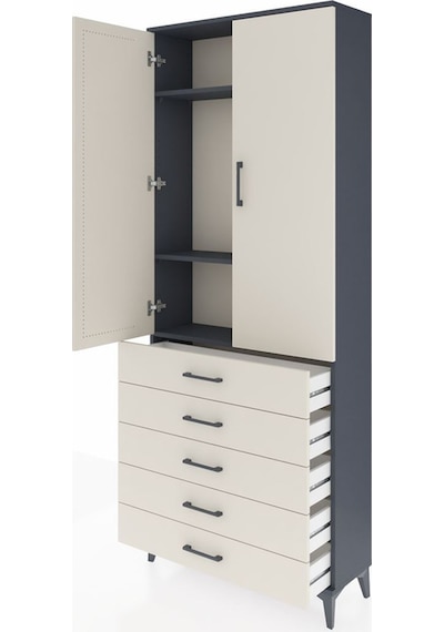 Arges Dolap 3 Raflı 5 Çekmeceli 2 Kapaklı 88x30x221 Antrasit-aytaşı Antrasit