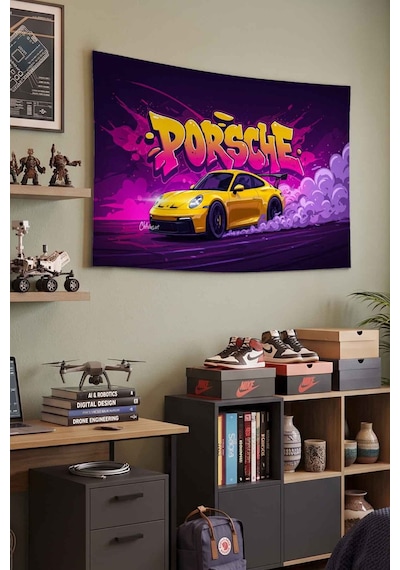 Porsche Sarı Spor Araba Graffiti Drift Dekoratif Duvar Örtüsü Duvar Halısı Beyaz