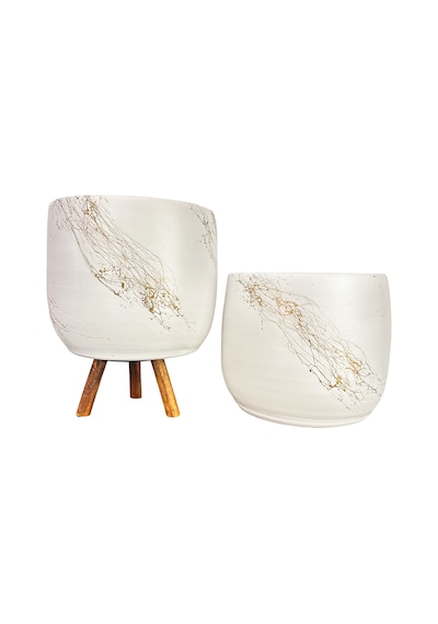 Bitki Tasarımı Ev Dekorasyon Aksesuar Beyaz Üzeri Gold Mermer Efektli Toprak Saksı Saksılık Salon Çiçeklik İkili Set Ayaksız - 3 Ayaklı 19 Cm