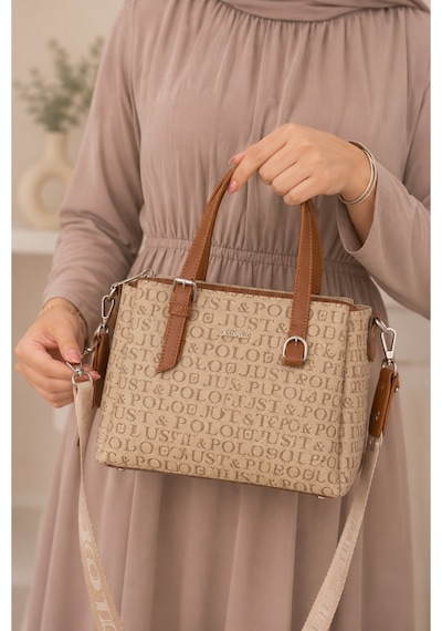 Just Polo Kadın Orta Boy Premium Deri Ayarlanabilir Askılı 3 Bölmeli Şık El & Omuz Çantası Shoulder Bag Kum - Taba