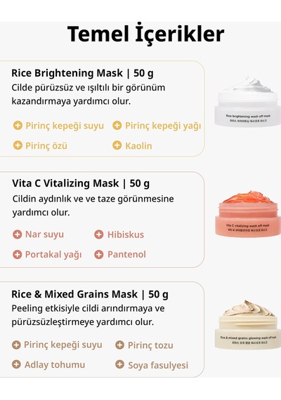Nemlendirici Aydınlatıcı & Peeling Etkili 3lü Krem Maske Seti Mıdha Rice Wash Off Mask Discovery Set