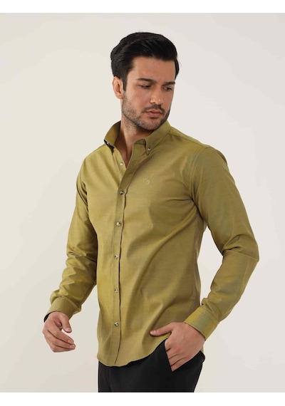 Dufy Hardal Erkek Slim Fit Düz Brent Düğmeli Yaka Uzun Kol Gömlek - 102454-hardal Hardal