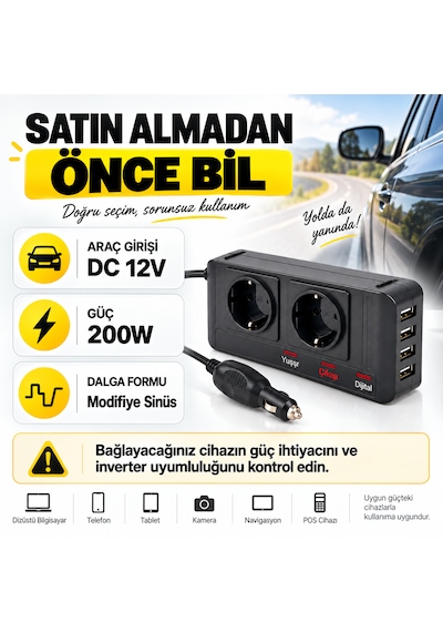 12v 220v Araç İnverteri 200w 2 Ac Priz 4 Usb Çıkışlı Oto Çakmaklık Dönüştürücü