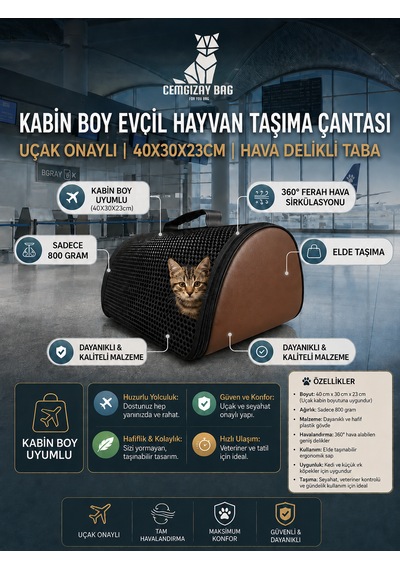 Cemgizay Kabin Boy Evcil Hayvan Taşıma Çantası Omuz Askılı Uçak Onaylı 40x30x23cm Hava Delikli Taba
