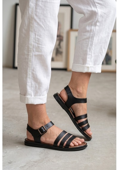 Giamgia Store Giamgia Siyah Kadın Düz Taban Bilekten Ayarlamalı Klasik Sandalet-2409