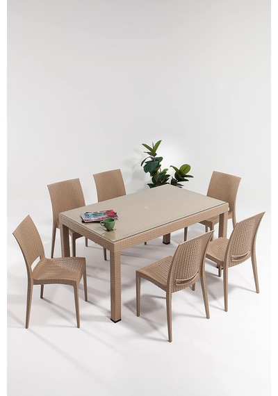 Rattan Large Camlı Cappucino Masa Takımı Bahçe&balkon 1 Camlı Masa + 6 Sandalye Diğer