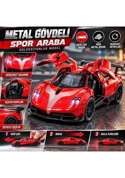 Metal Gövdeli Spor Araba Oyuncak Geri Çek Bırak, Açılır Kapılı Koleksiyonluk Model