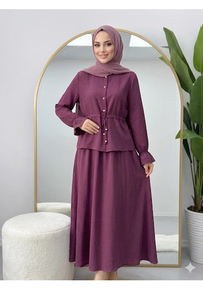Lovie Moda Kolları Büzgülü Belden Bağlamalı Tesettür Etekli Takım Mor