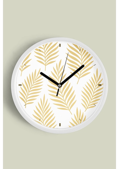 Yaprak Desenli Bohem Modern Duvar Saati - 42cm - Önü Camlı Beyaz Kasa - Sessiz Mekanizma Beyaz