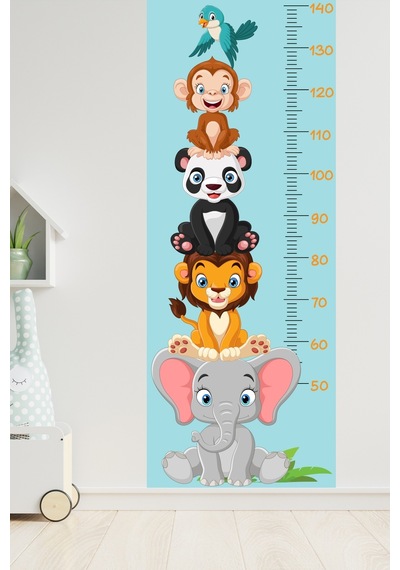 Sevimli Safari Hayvanları Boy Ölçüm Cetveli Boy Ölçer Sticker Turkuaz