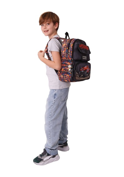Kaukko Kids Erkek Çocuk Arazi Aracı Baskılı Okul Çantası - Siyah - Kırmızı - Soil Truck - L5359