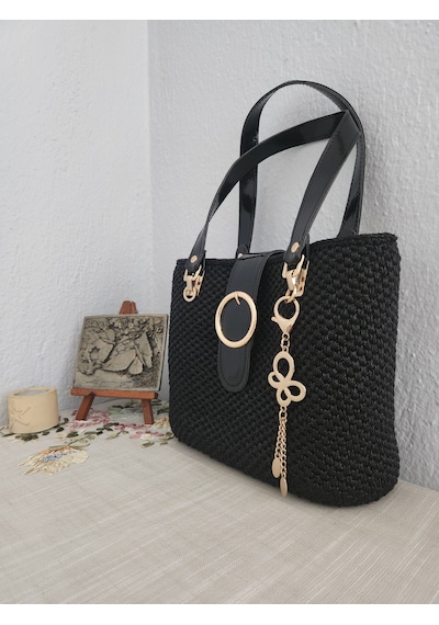 Fikriharika Design Gucci Model, Gold Detaylı, Metalik Siyah, Kadın El Çantası Siyah - Altın