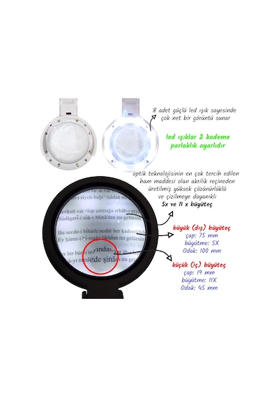 Upway 8 Led'li Şarjlı Profesyonel 5x/11x Katlanabilir Büyüteç - El Ve Masaüstü Çift Mercek Büyüteç