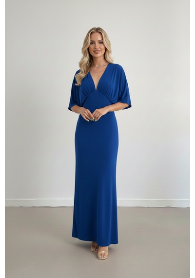 Defymoda Kadın Uzun Yırtmaçlı Modern Kesim Elbise Mavi