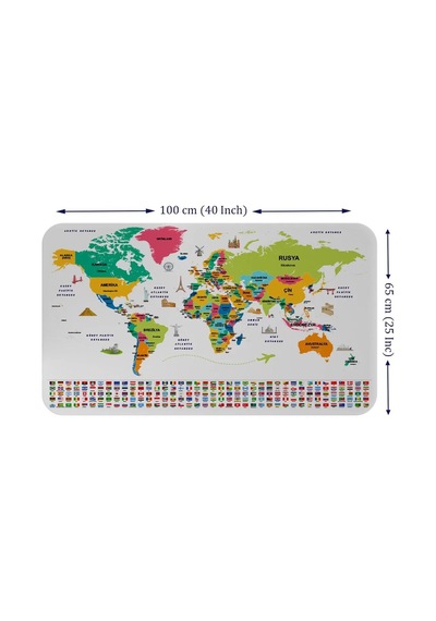 Türkçe Ülke Bayrak Lı Eğitici Başkent Detaylı Atlası Dünya Haritası Duvar Sticker -60x105-3860 Renkli