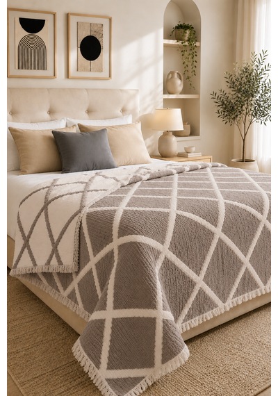 Premium Geometrik Kare Desenli %100 Pamuk Müslin Çift Taraflı Yatak Örtüsü Pike 220x240 Çift Kişilik Kahverengi