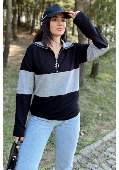 WeShaya Kadın Siyah Uzun Kol, Dik Yaka, Fermuarlı, Double Color Block Basic Sweatshirt Bluz Siyah