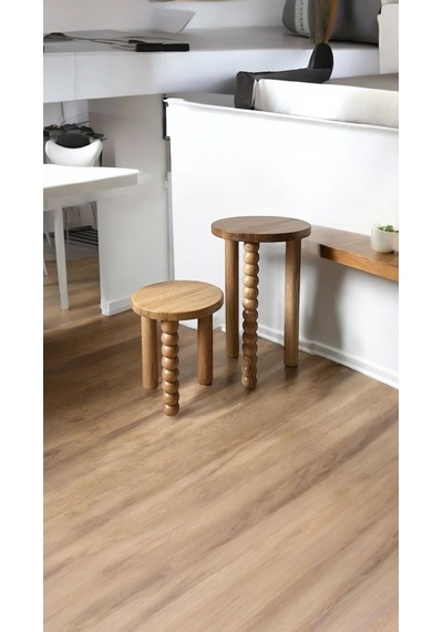 Ahşap 2 Li Set Yan Sehpa Modern Fiskos / Çiçeklik Natural Renk Vernikli Cilalı Ahşap