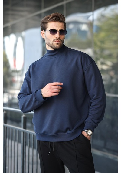 Madmext Lacivert Yarım Balıkçı Yaka Erkek Basic Sweatshirt E7158 Lacivert