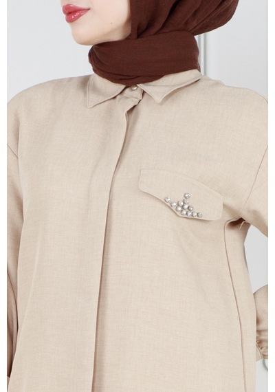 Sevitli Kapağı Taş Detaylı Tunik-bej-3570-bej Bej