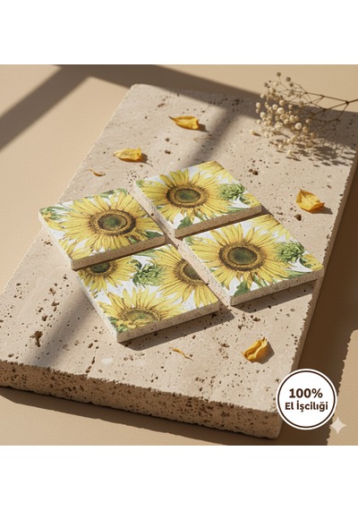 10x10 Traverten Eskitme 4 Lü Takım El Yapımı Çiçek Desenli Bardak Altlığı Sarı