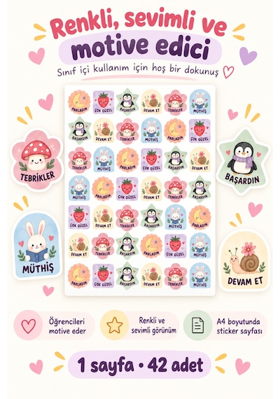 Sevimli Öğrenci Motivasyon Sticker Seti 42 Adet 1 Sayfa Tebrikler, Başardın, Devam Et Ve Ödül Etiketleri Çok Renkli