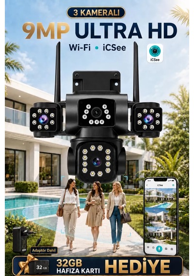 İcsee 9002 9mp 3 Lens Wifi Güvenlik Kamerası, Motorlu Gece Görüşlü Dış Mekan Kamera, 32gb Kart Ve Adaptör