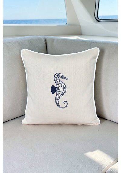 Kırlent Kılıfı 45x45 Marin Nakışlı Deniz Atı Desen Su İtici Outdoor Keten Beyaz Biyeli Tekne Bahçe Krem