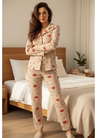 Siyah İnci Yumuşak Tuşe Kışlık Fitilli Düğmeli Pamuklu Örme Pijama Takım 7980 Vizon Kırmızı Kalp