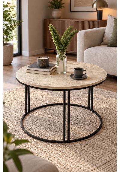 Sulorahome Yuvarlak Traverten Desenli Orta Sehpa - Metal Ayaklı