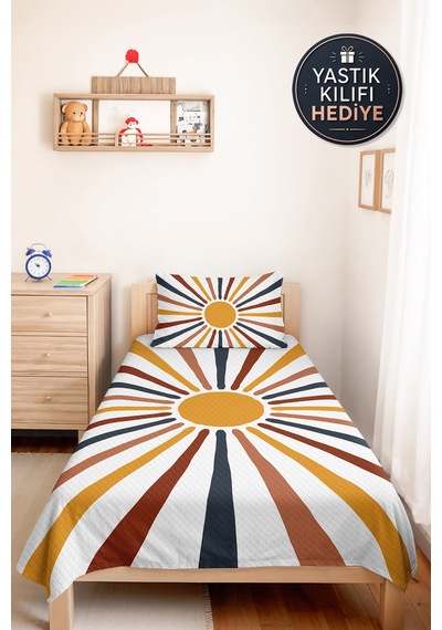 Güneş Işınları Bohem Genç Odası Tek Kişilik Pike Takımı - Retro Kiremit 160x220 Cm Yatak Örtüsü Beyaz