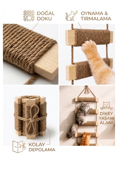 Ahşap Kedi Tırmanma Merdiveni Ve Duvar Köprüsü - Jüt İpli, 13 Basamak, 150 Cm
