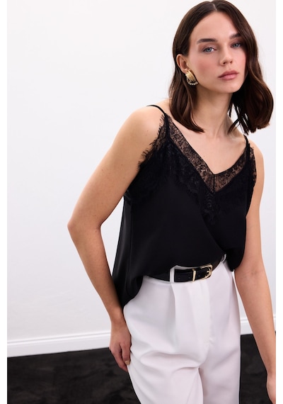 Sateen Dantel Detaylı Askılı Bluz - Siyah-136873 Siyah