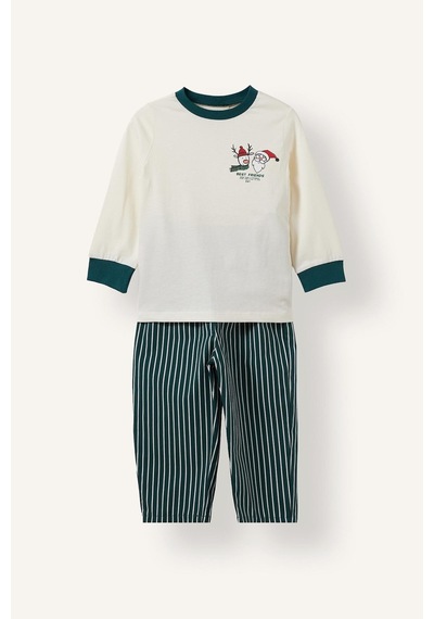 Defacto Baskılı Uzun Kollu Üst Çizgili Alt Flanel 2li Dokuma Pijama Takımı Erkek Bebek I3389a526wner118 Ekru-er118