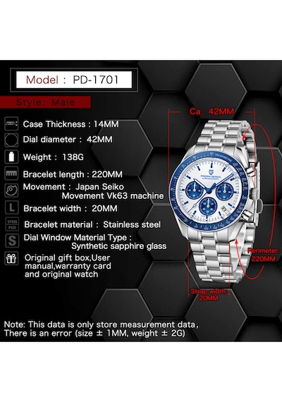 Pagani Design Pd-1701 Speedmaster Moonwatch 40mm Vk63 Kronograf Kuvars Saat Safir 100m Su Geçirmez Erkek Kol Saat Mavi Diğer