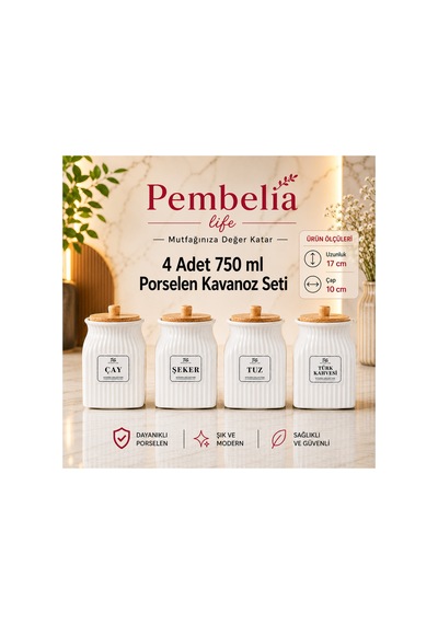 4 Lü Bambu Kapaklı Porselen 750 Ml Çay Şeker Türk Kahve Tuz Saklama Kavanoz Seti Beyaz Beyaz