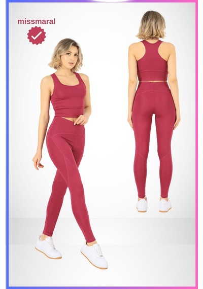 Missmaral Slim Fit Tayt Yüksek Bel Toparlayıcı Mürdüm Spor Model Flatlock Dikiş Detaylı Oslo 1090 MÜRDÜM