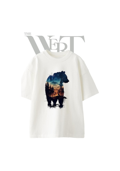 Thewert Bear Forest Wolf Tasarım Baskılı Ünisex Beyaz Oversize T-shirt