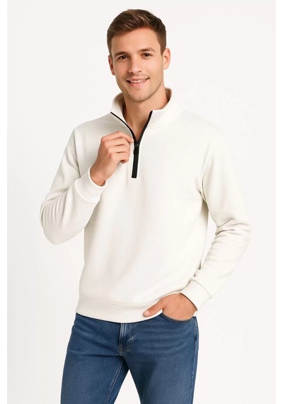 Cvs Giyim Erkek Dik Yaka Sweatshirt Dik Yaka Yarım Fermuarlı 3 İplik Şardonlu Pamuk Kumaş - Beyaz Beyaz