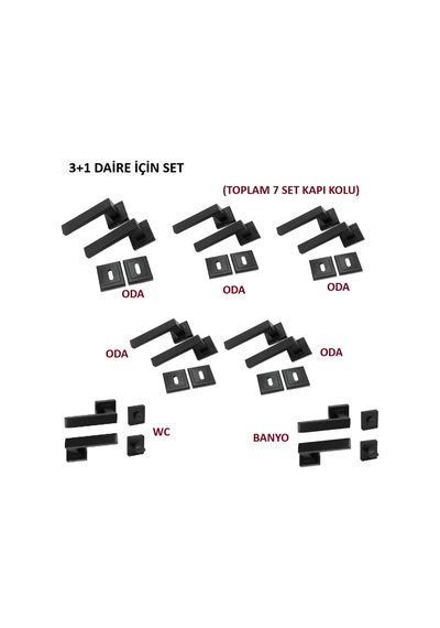 Lama Kare Rozetli Kapı Kolu 7'li Set 3+1 Daire Için Geçerli Siyah